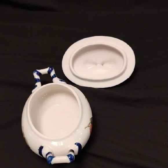 Vintage-Style Strawberry Ceramic Tureen with Lid | Blue Handle Detail | 9" Wide - Picture 6 of 7